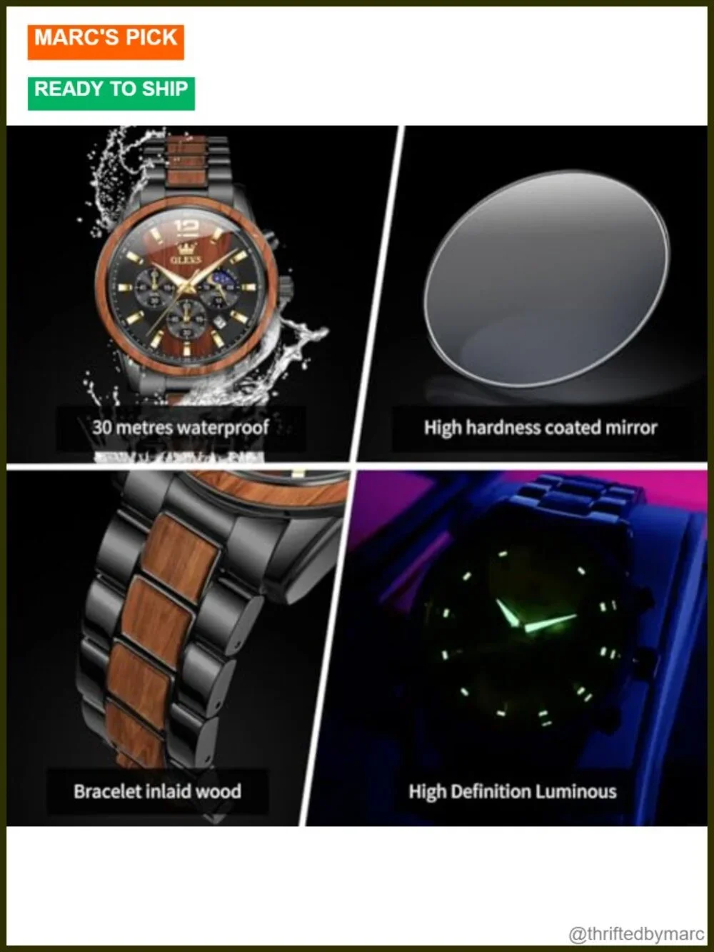 Men's Stainless Steel Watch with Wood Accents Multi-Function Dial Luminous